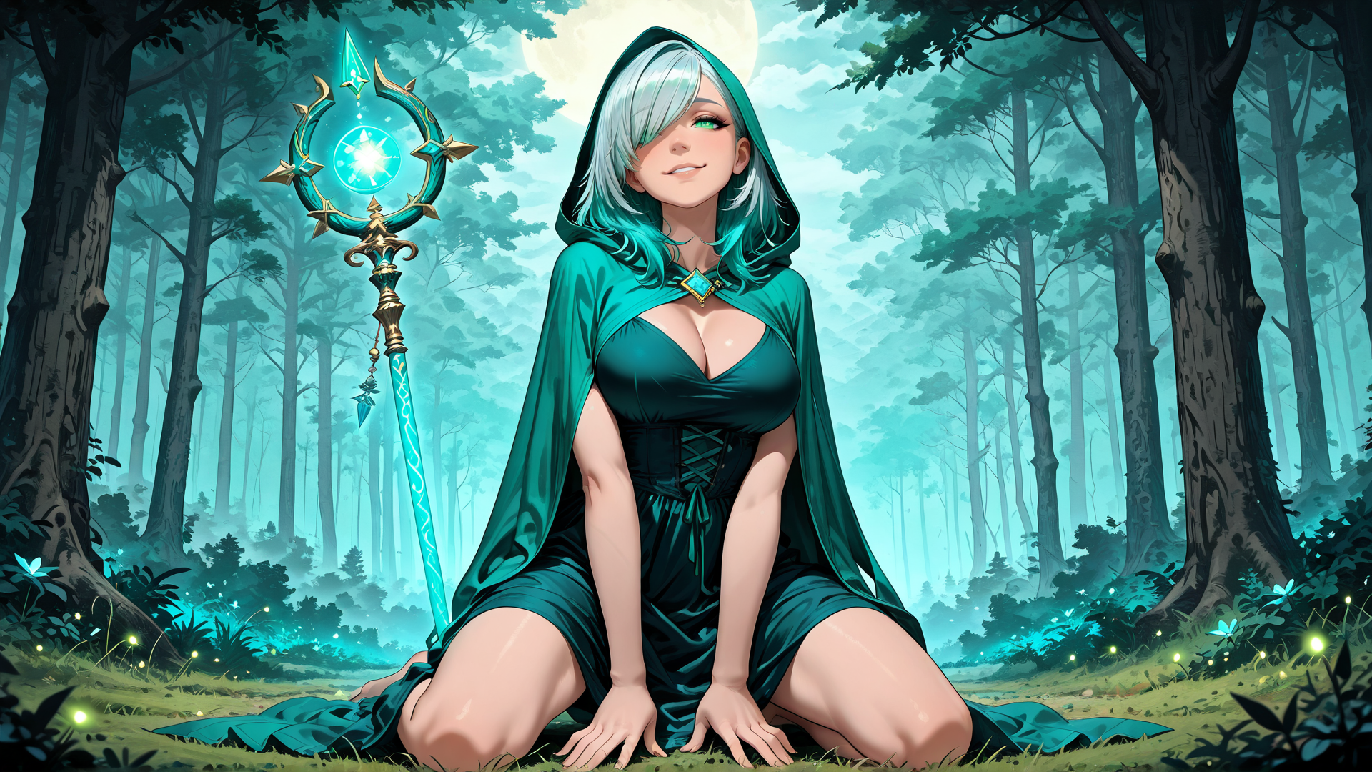 AI generated wallpaper featuring wizard, woman, forest, magic wand
