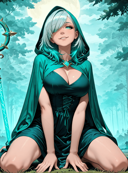 wizard, woman, forest, magic wand
