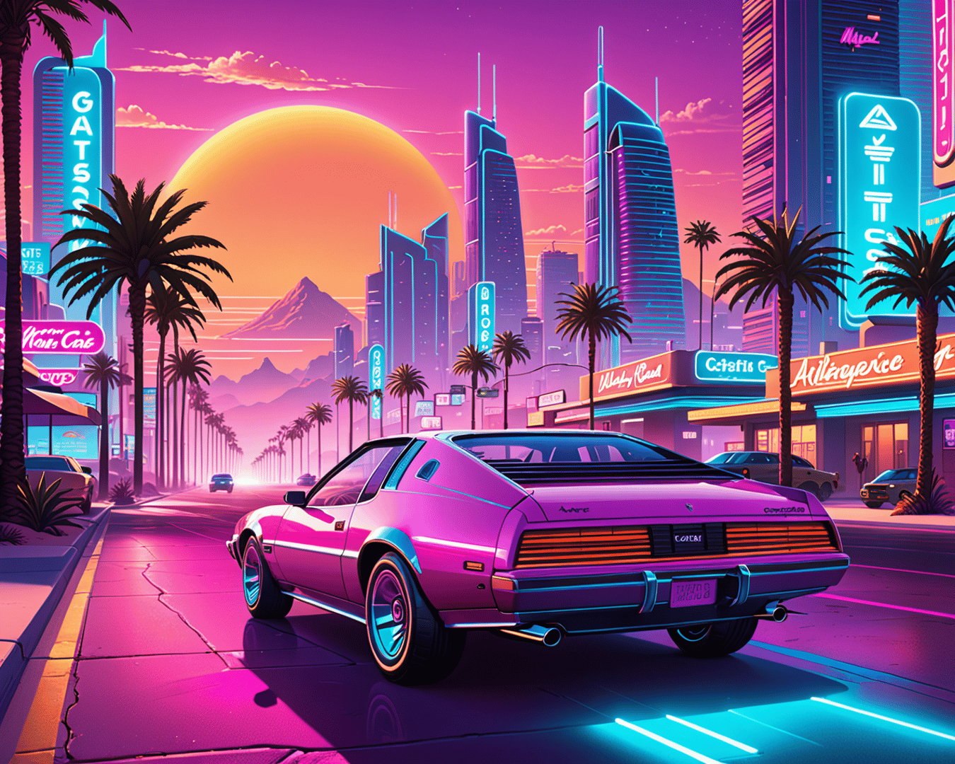 AI generated wallpaper featuring car, city, palm trees