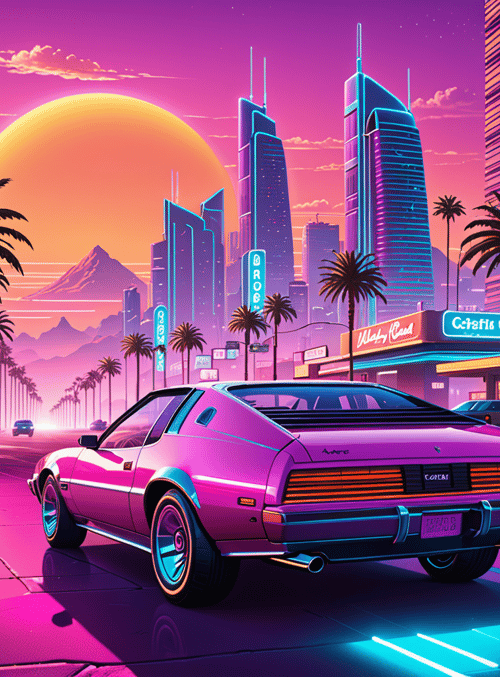 car, city, palm trees