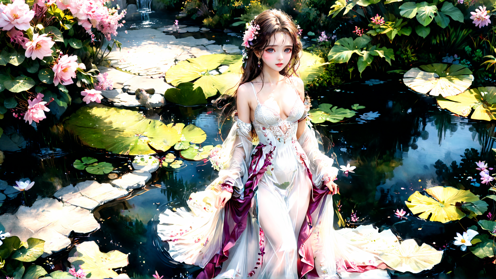 AI generated wallpaper featuring woman, lotus pond, flowers