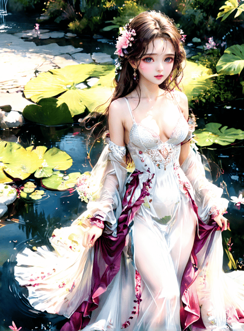 woman, lotus pond, flowers