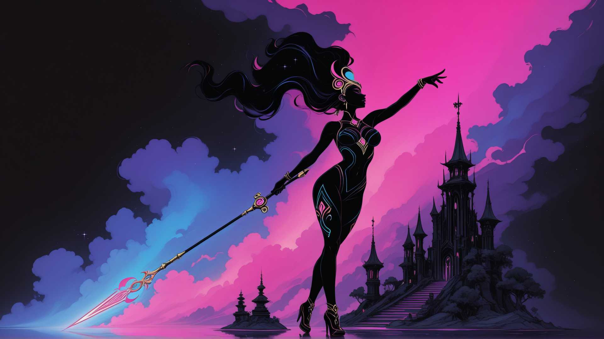 AI generated wallpaper featuring witch, castle, spear