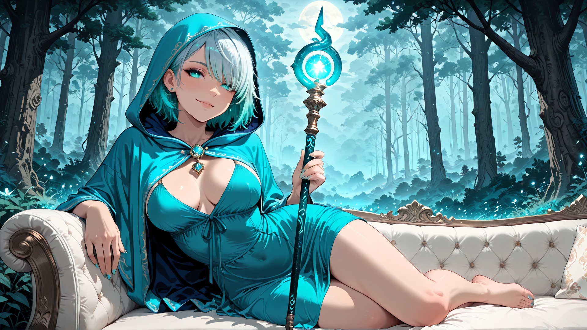 AI generated wallpaper featuring witch, woman, scepter, forest, sofa