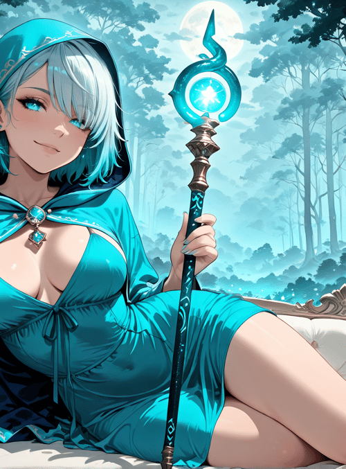 witch, woman, scepter, forest, sofa
