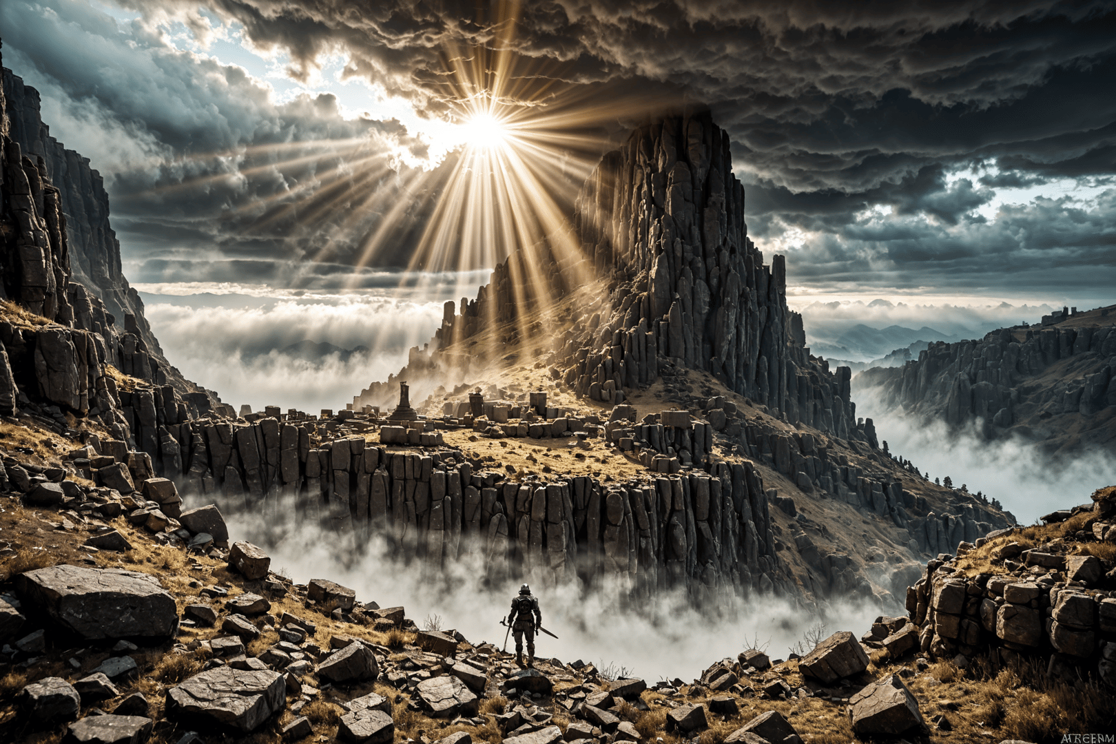 AI generated wallpaper featuring soldier, mountain, ruins