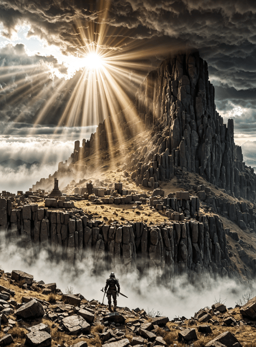 soldier, mountain, ruins