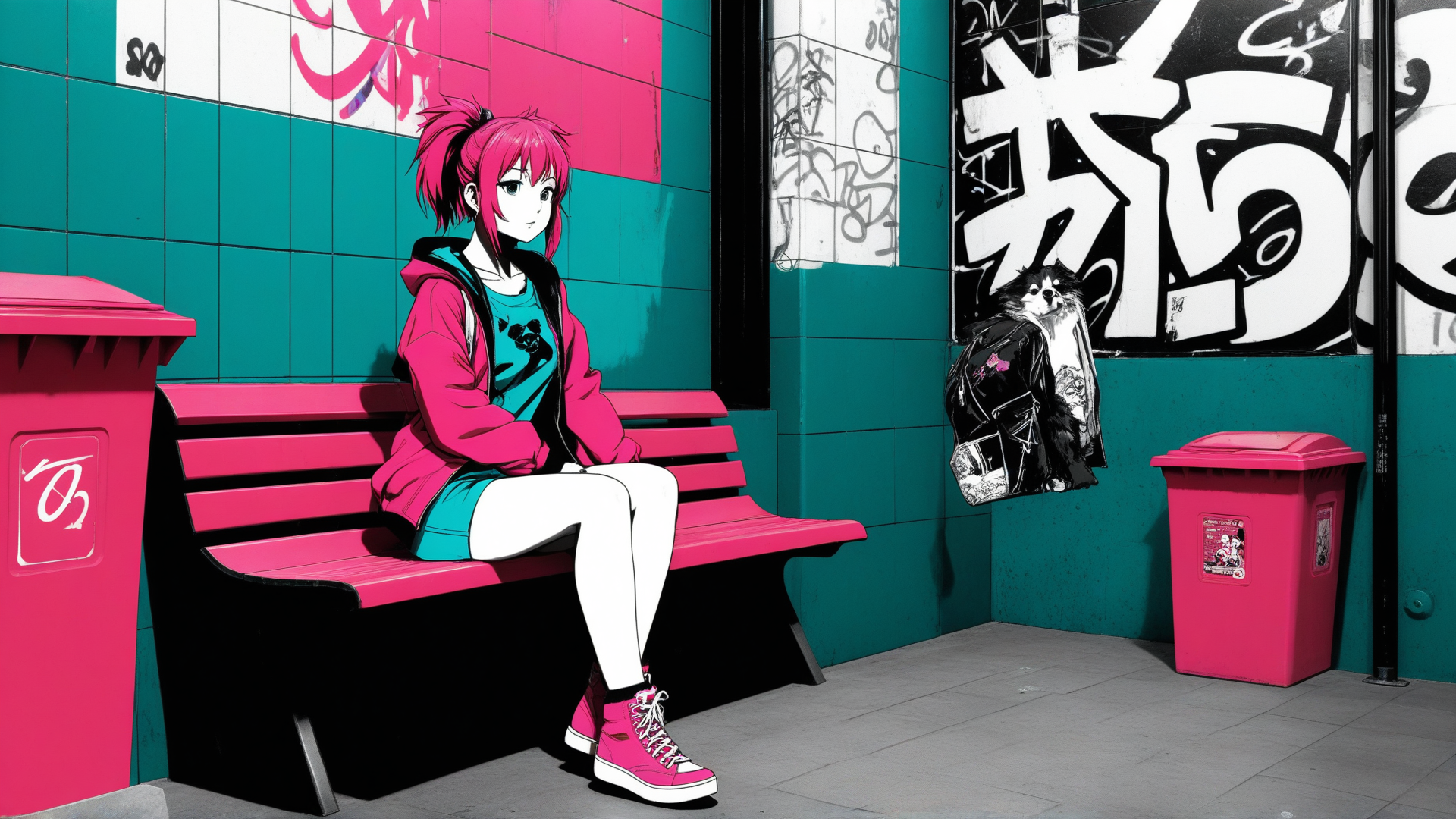 AI generated wallpaper featuring girl, dog, bench