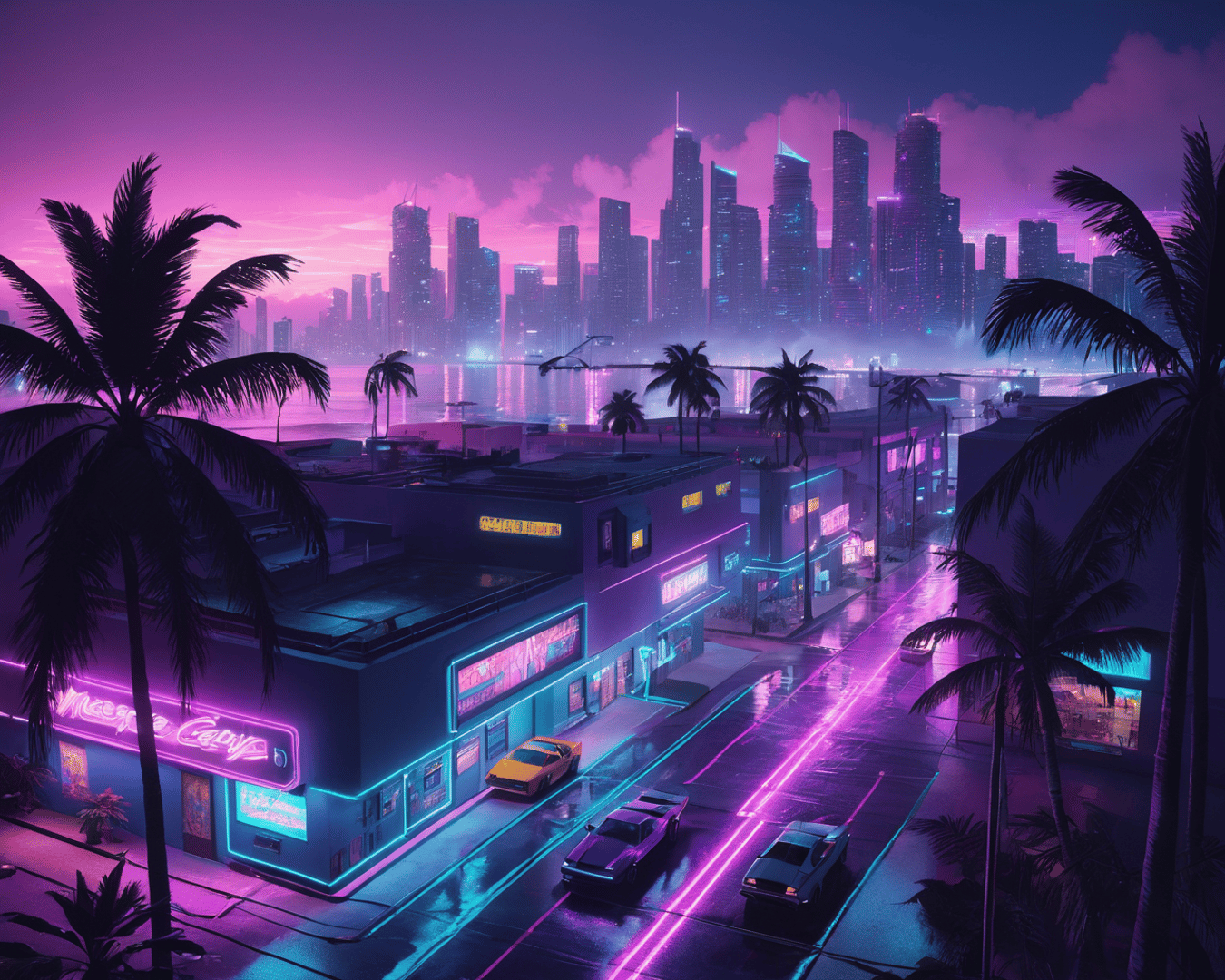 AI generated wallpaper featuring city, palm trees, neon lights