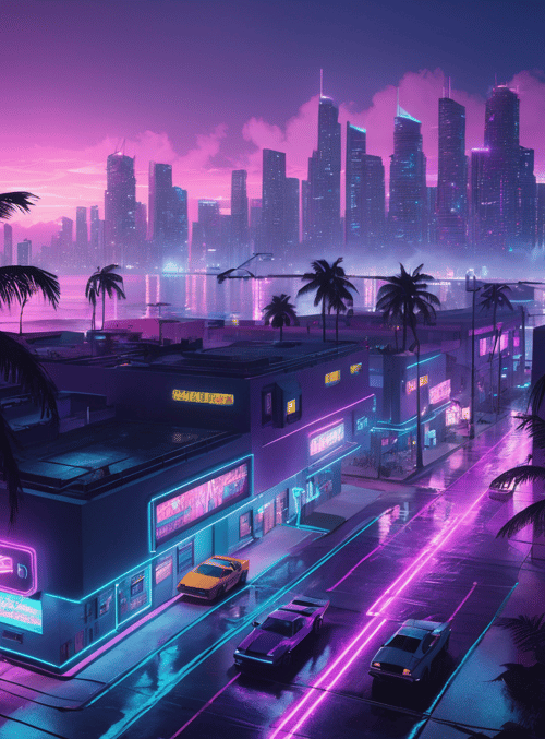 city, palm trees, neon lights