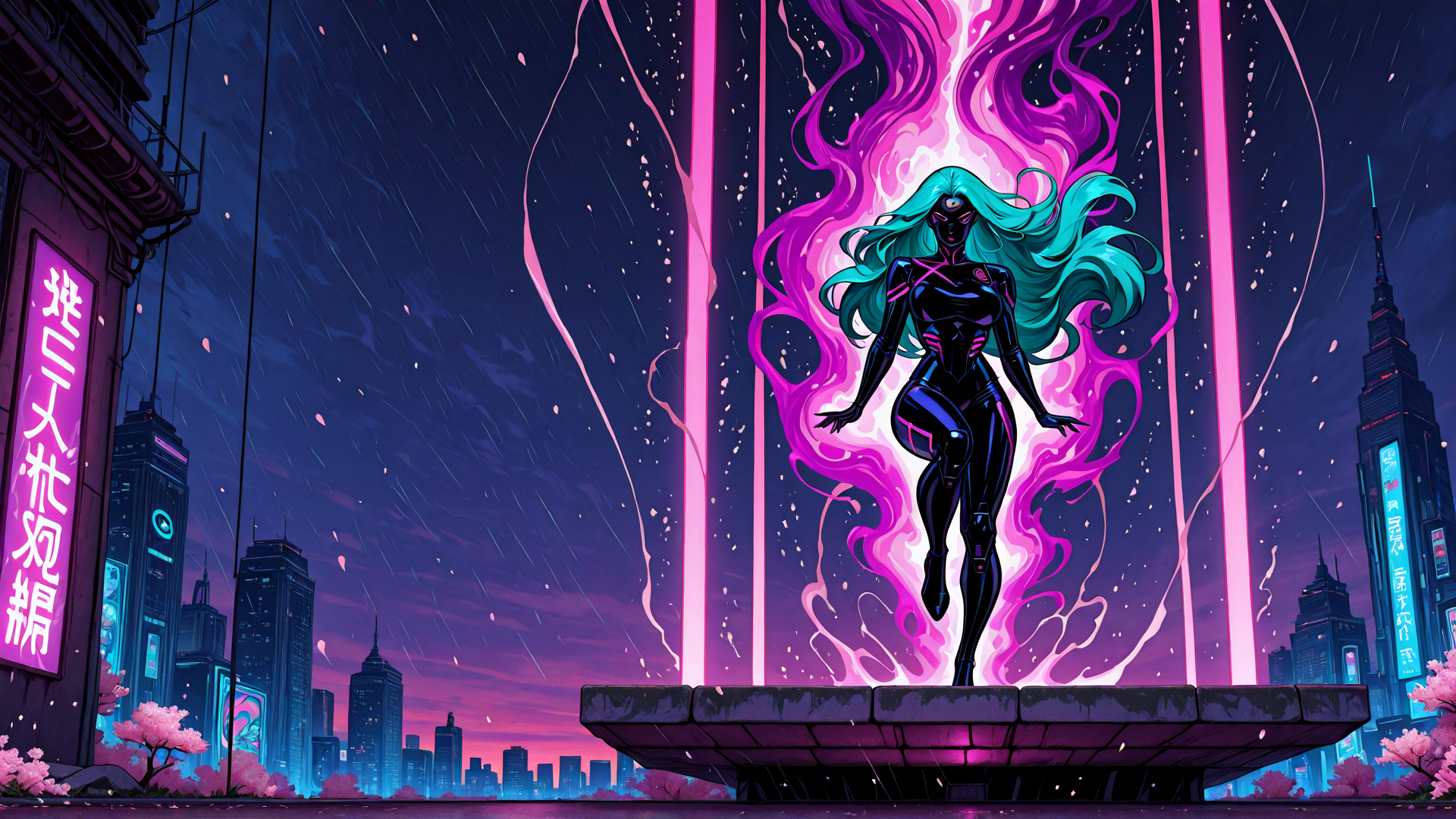 AI generated wallpaper featuring woman, neon, cityscape, cherry blossoms, cyberpunk