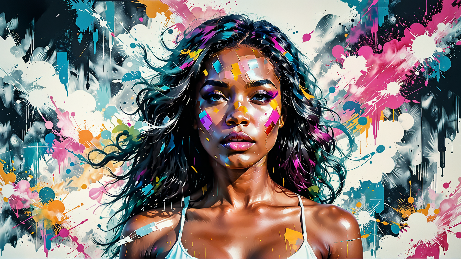 AI generated wallpaper featuring woman, art, paint, sunset
