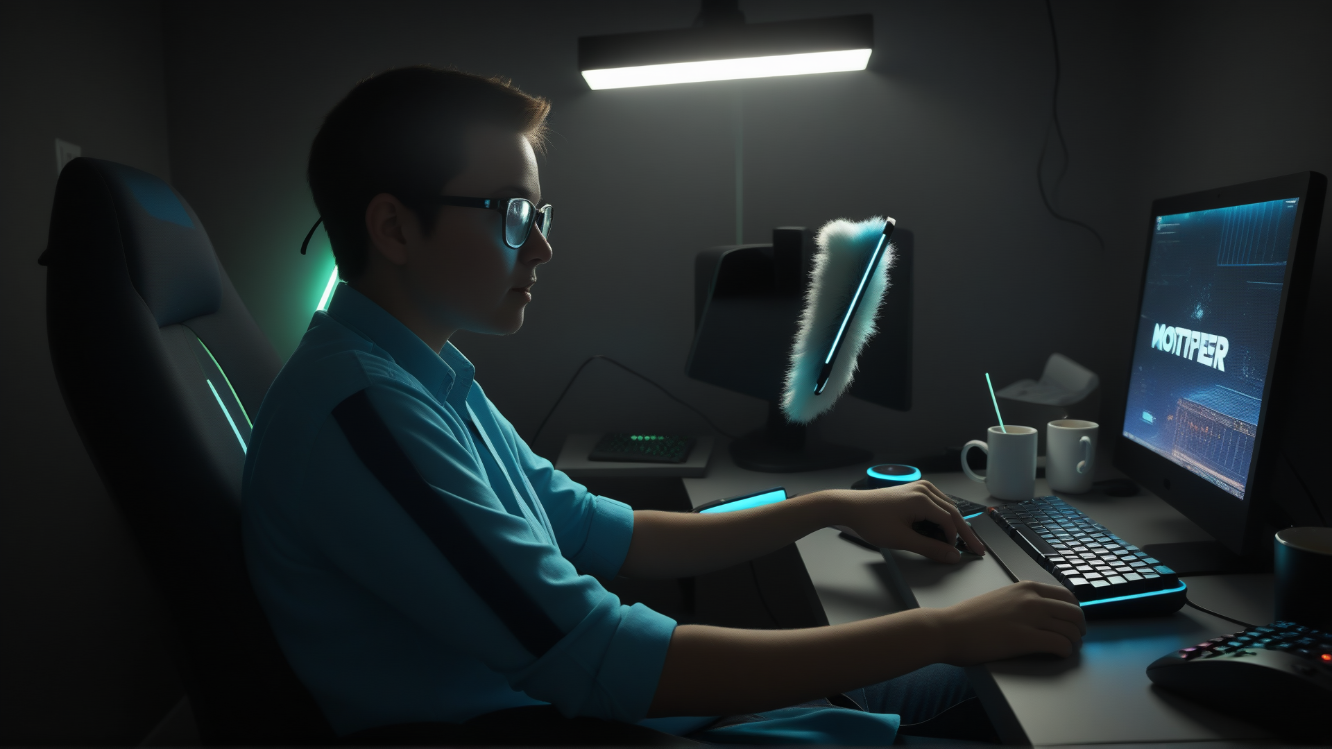 AI generated wallpaper featuring person, computer, chair, keyboard, mouse, monitor, mug, lamp, screen, cable