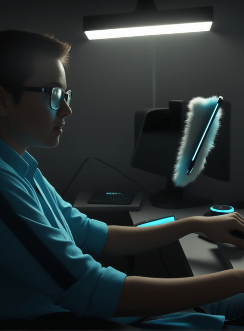 person, computer, chair, keyboard, mouse, monitor, mug, lamp, screen, cable