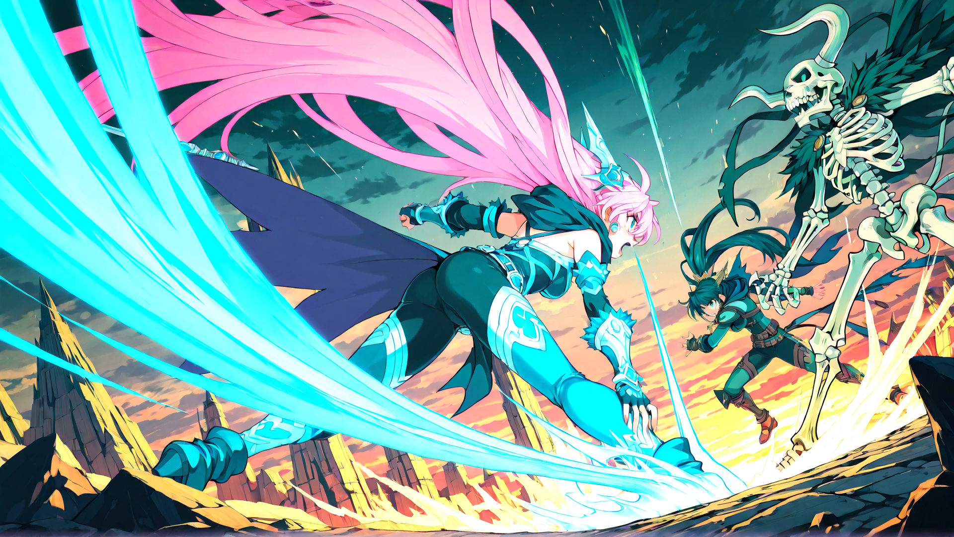 AI generated wallpaper featuring character, skeleton, sword, hair, armor, skeleton, fantasy, heroine, battle, dragon