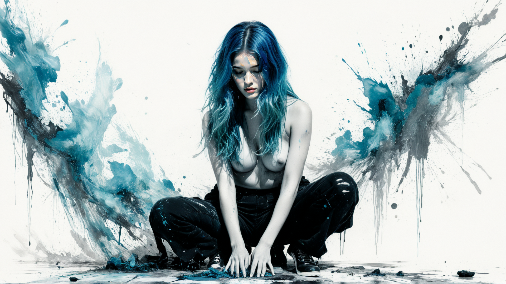 AI generated wallpaper featuring woman, blue hair, paint, splatter, artist, model, ink, knees, floor, hands