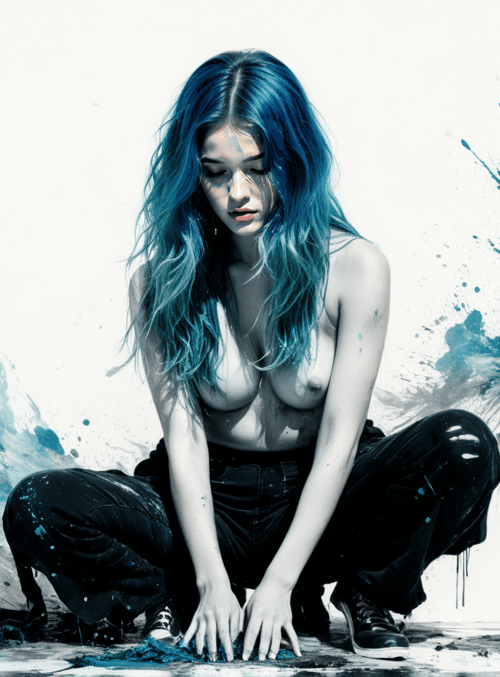 woman, blue hair, paint, splatter, artist, model, ink, knees, floor, hands