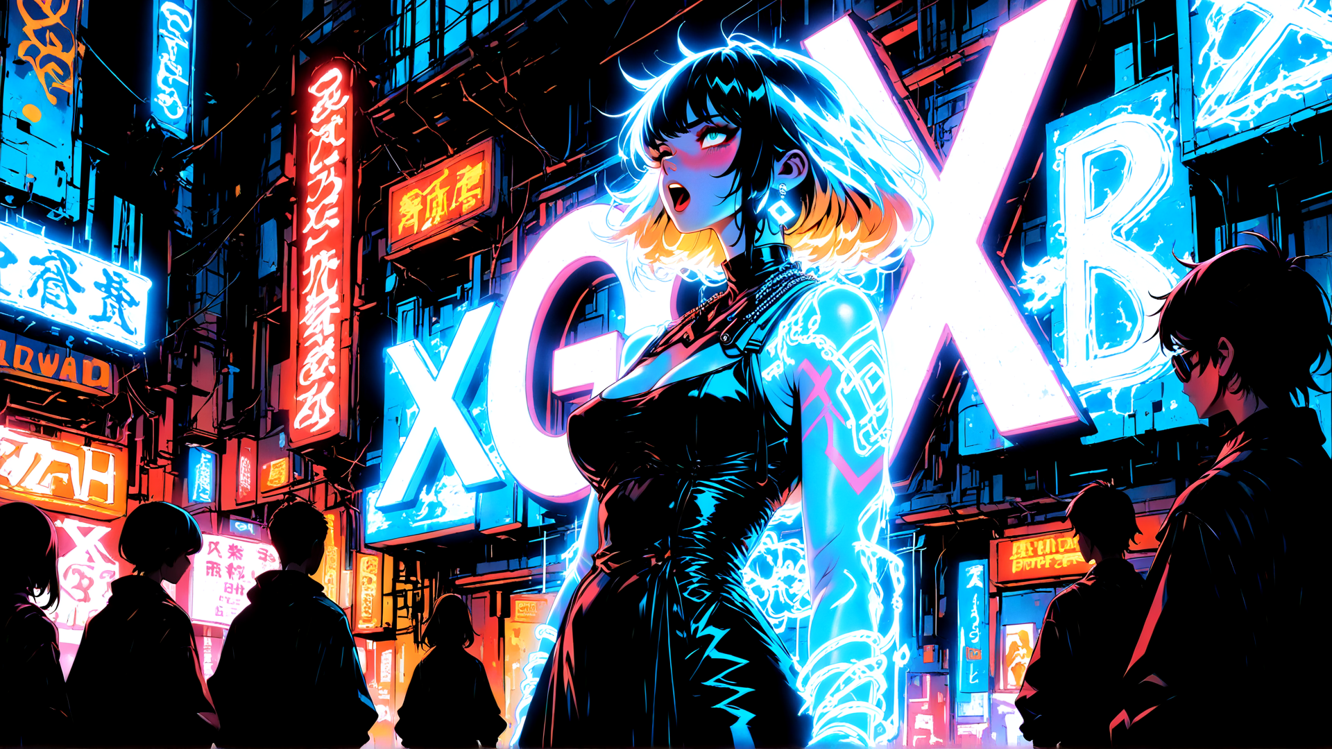 AI generated wallpaper featuring woman, neon signs, cityscape, people, silhouettes, anime character, tattoos