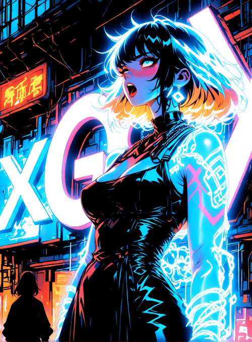 woman, neon signs, cityscape, people, silhouettes, anime character, tattoos