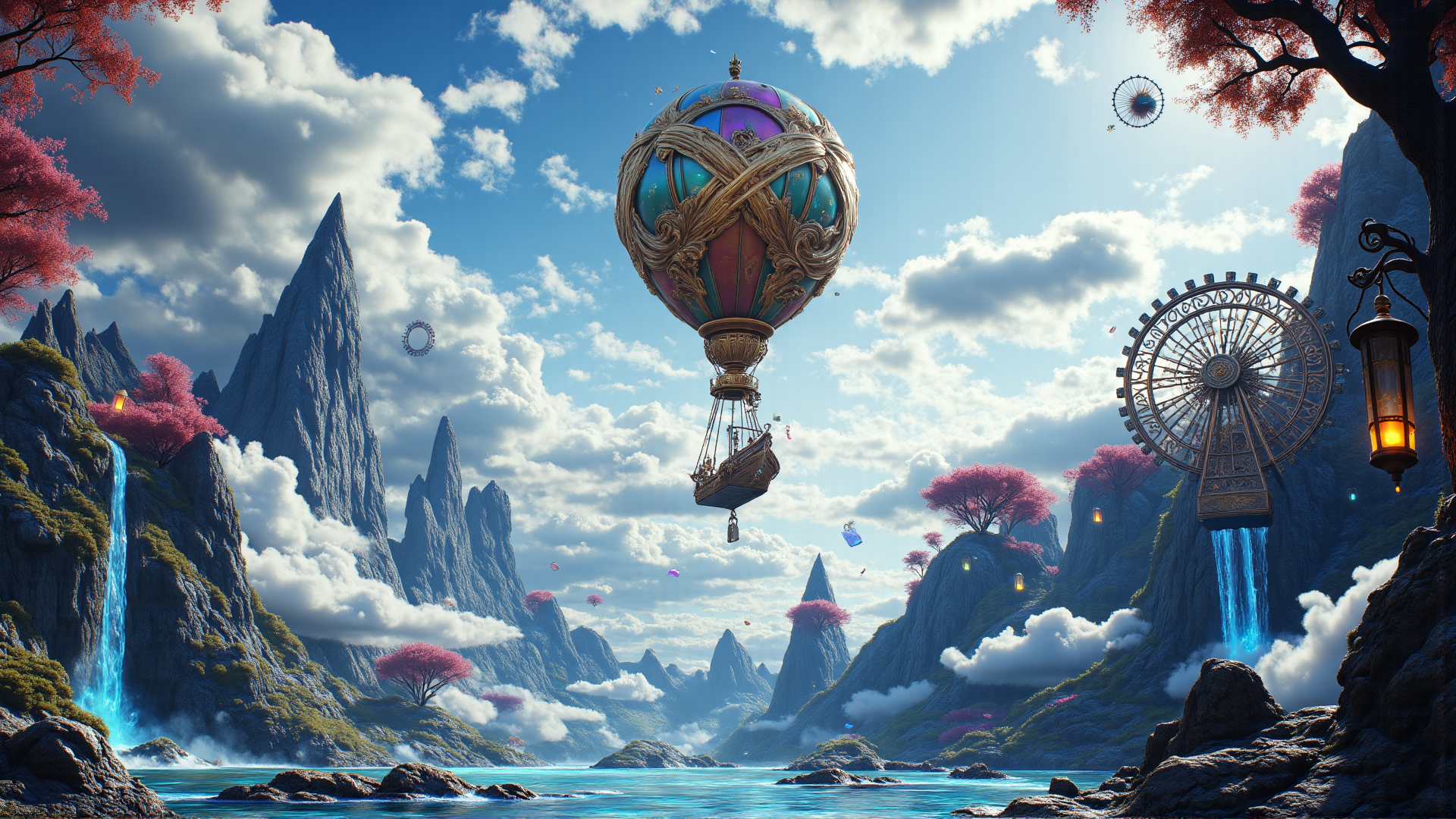 AI generated wallpaper featuring hot air balloon, ferris wheel, mountains