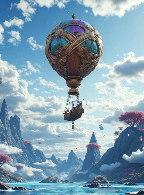 hot air balloon, ferris wheel, mountains