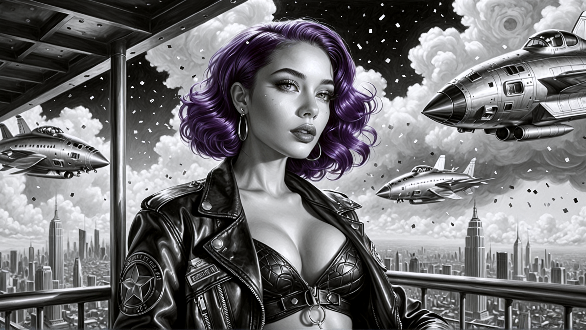 AI generated wallpaper featuring woman, jet, city, skyscraper, aircraft, balcony, helmet, cloud, diamond, star