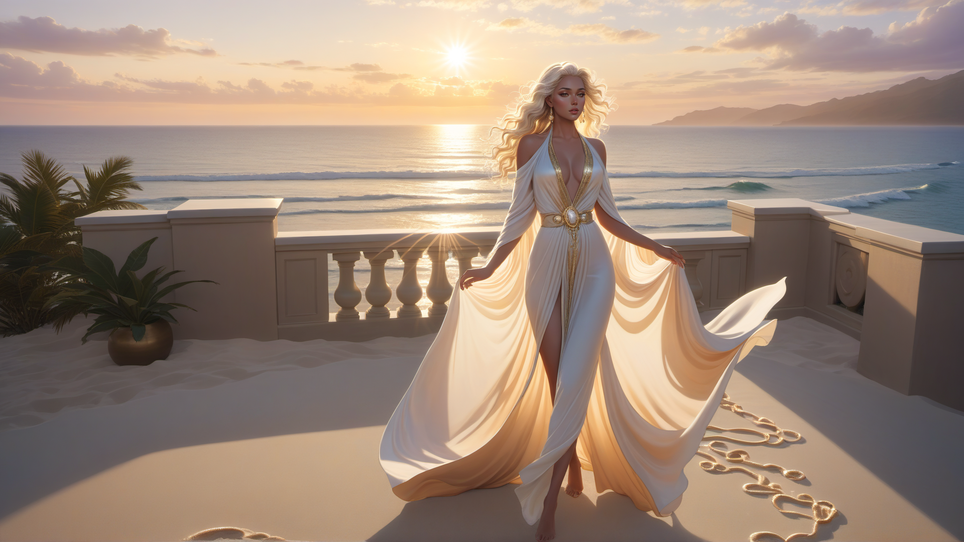 AI generated wallpaper featuring woman, dress, ocean