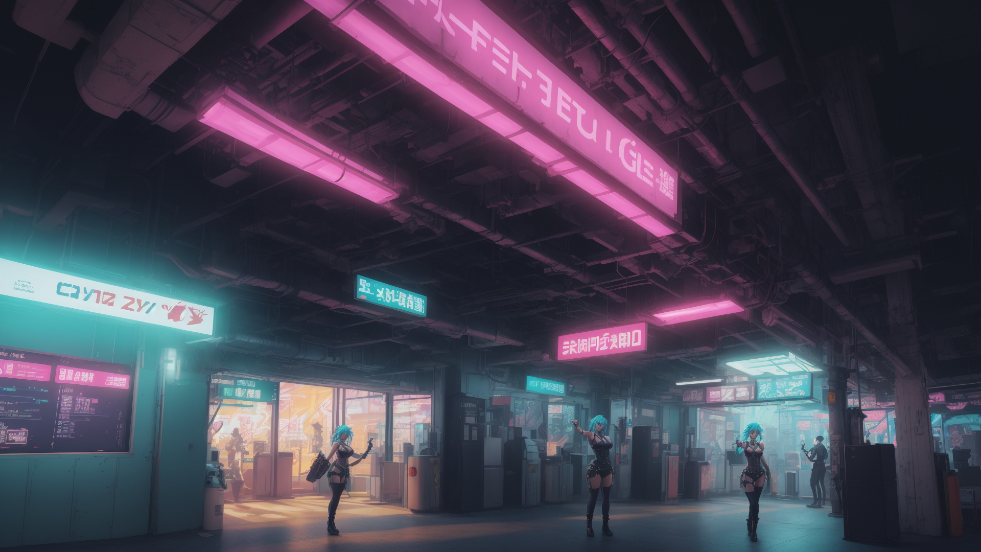 AI generated wallpaper featuring characters, neon signs, station