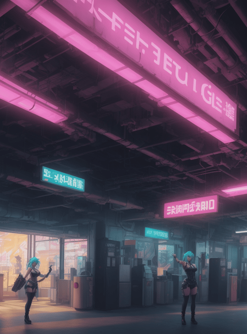 characters, neon signs, station