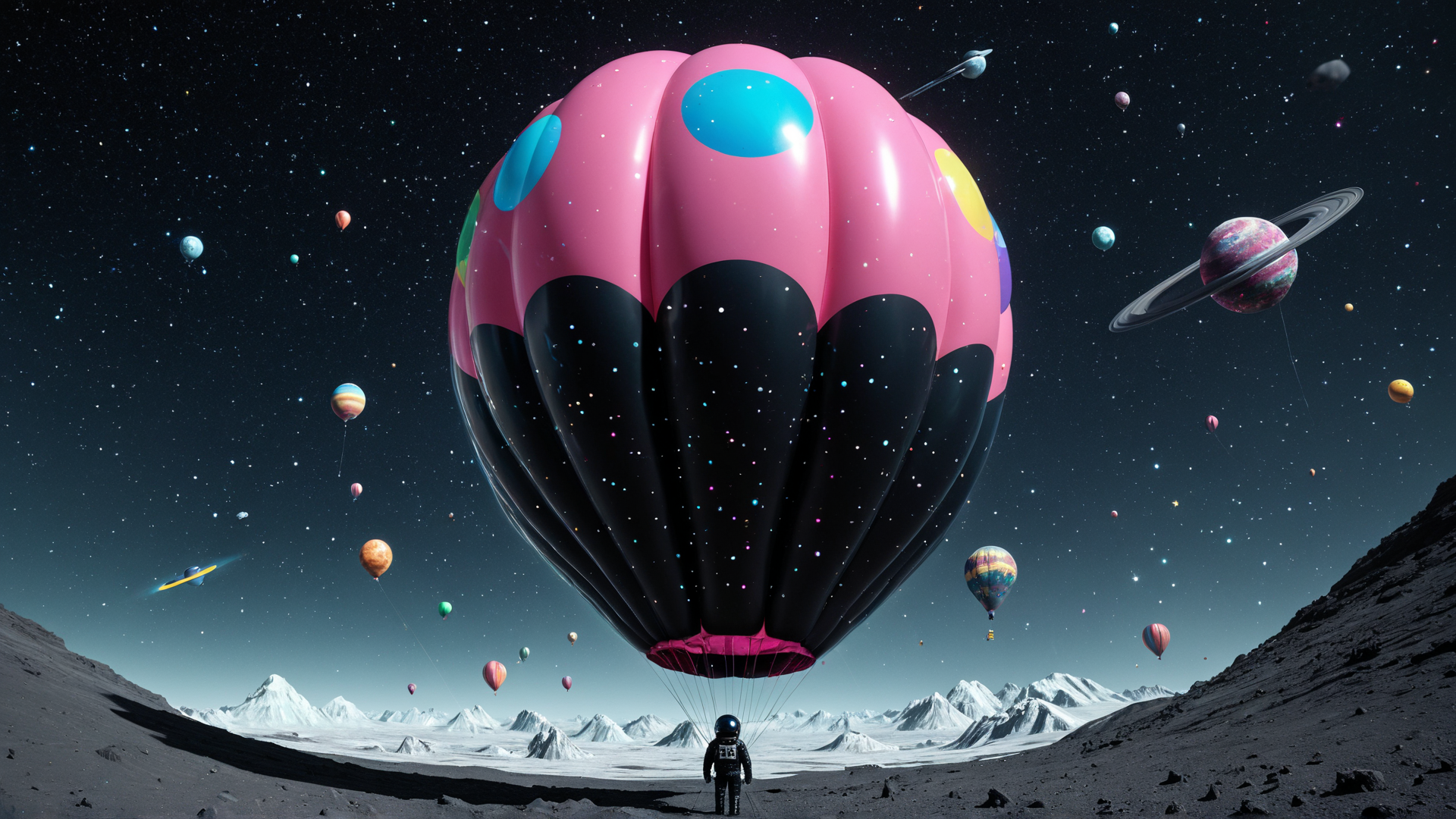 AI generated wallpaper featuring balloon, astronaut, planets