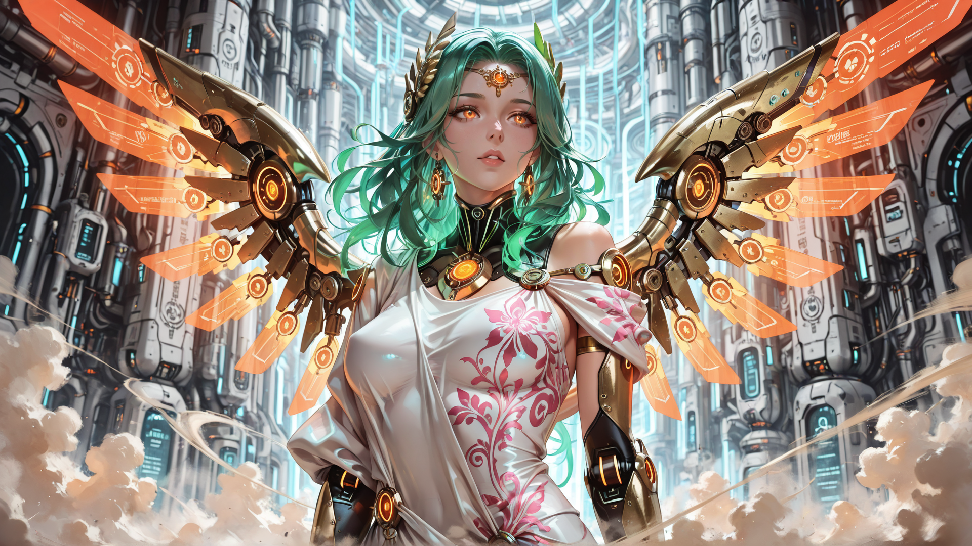 AI generated wallpaper featuring cyborg, angel, goddess, robot, wings, cyberpunk, woman, mechanical, dress, futuristic