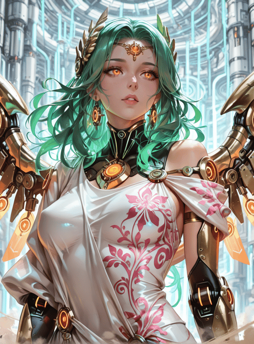cyborg, angel, goddess, robot, wings, cyberpunk, woman, mechanical, dress, futuristic