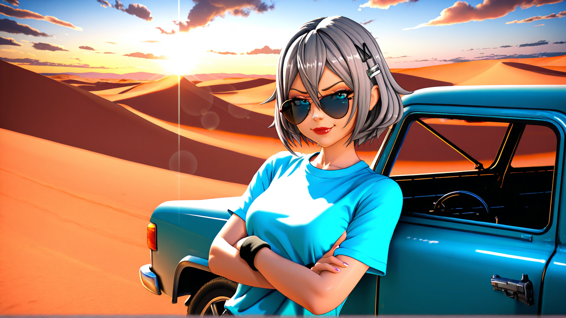 AI generated wallpaper featuring woman, car, desert, sunglasses, t-shirt