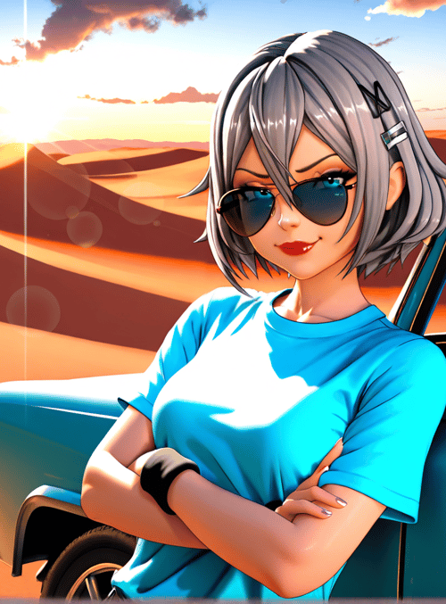 woman, car, desert, sunglasses, t-shirt