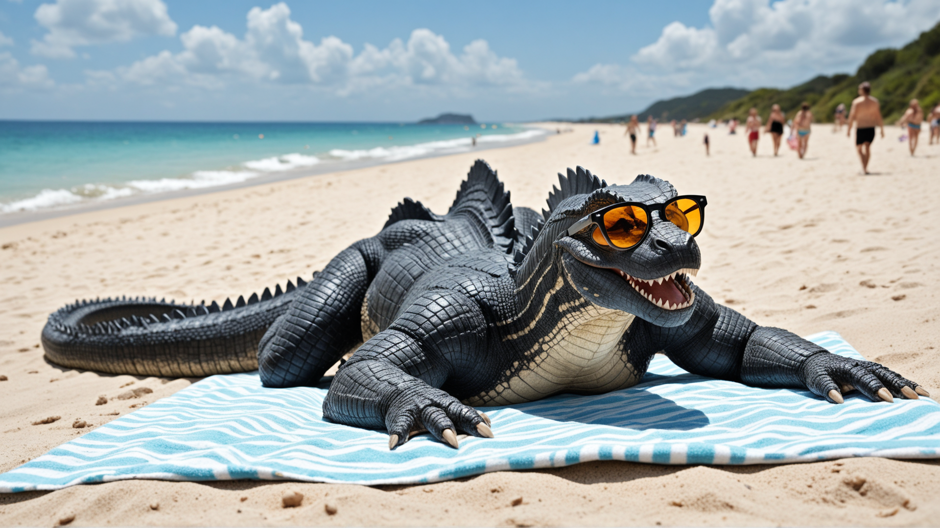 AI generated wallpaper featuring alligator, beach, sunglasses
