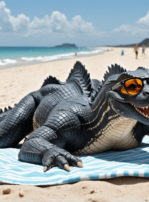 alligator, beach, sunglasses