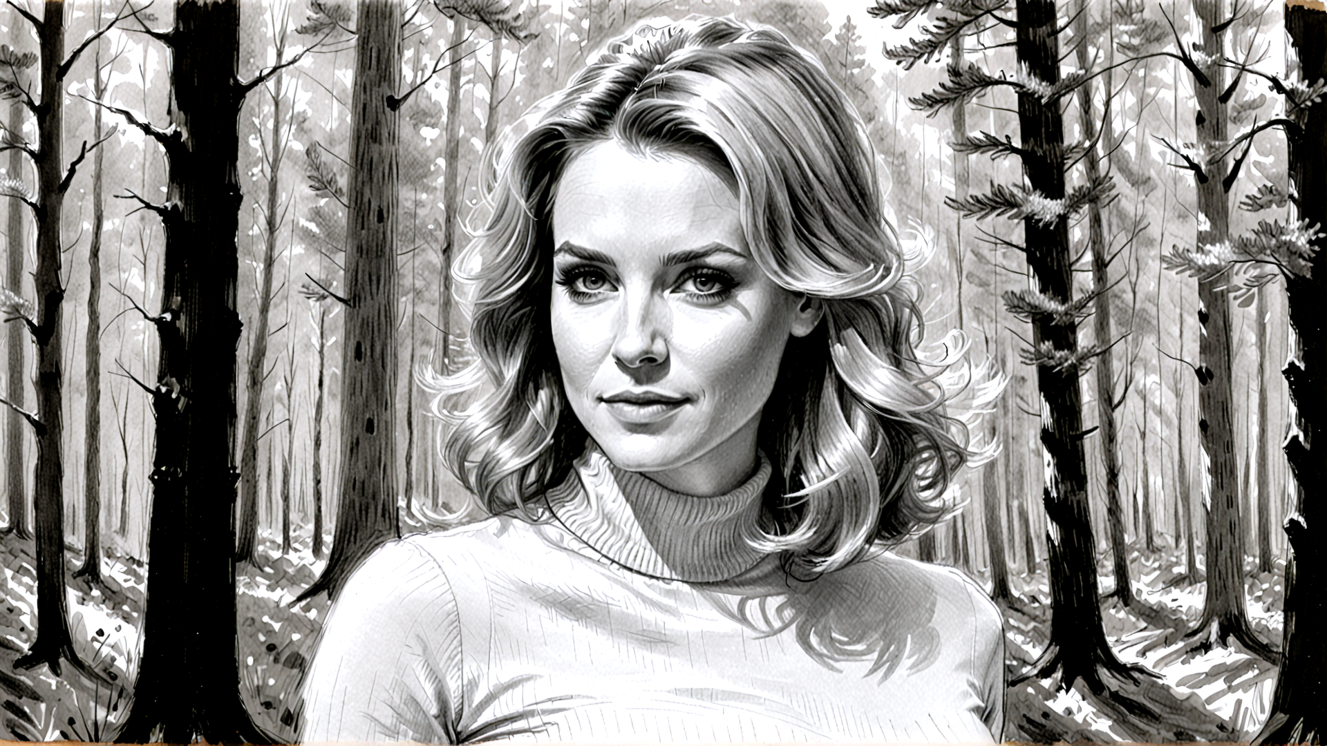 AI generated wallpaper featuring woman, forest, trees, turtleneck