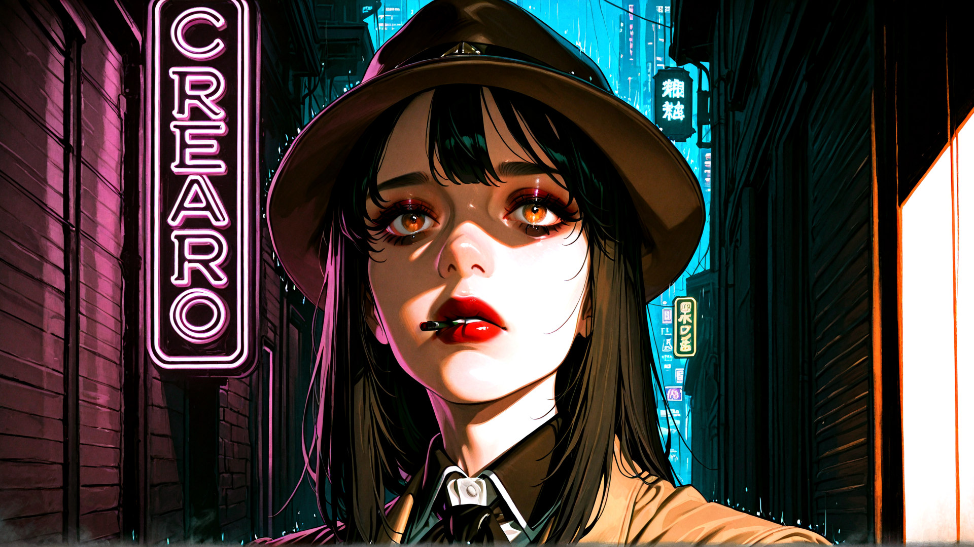 AI generated wallpaper featuring woman, hat, neon sign, city street, cyberpunk, cigarette, trench coat, anime, building, signboard