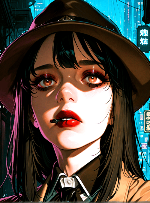 woman, hat, neon sign, city street, cyberpunk, cigarette, trench coat, anime, building, signboard