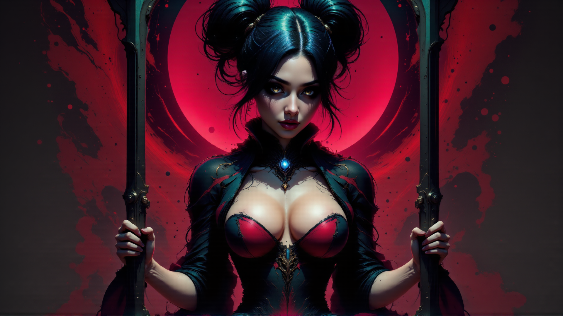 AI generated wallpaper featuring woman, giant moon, frame