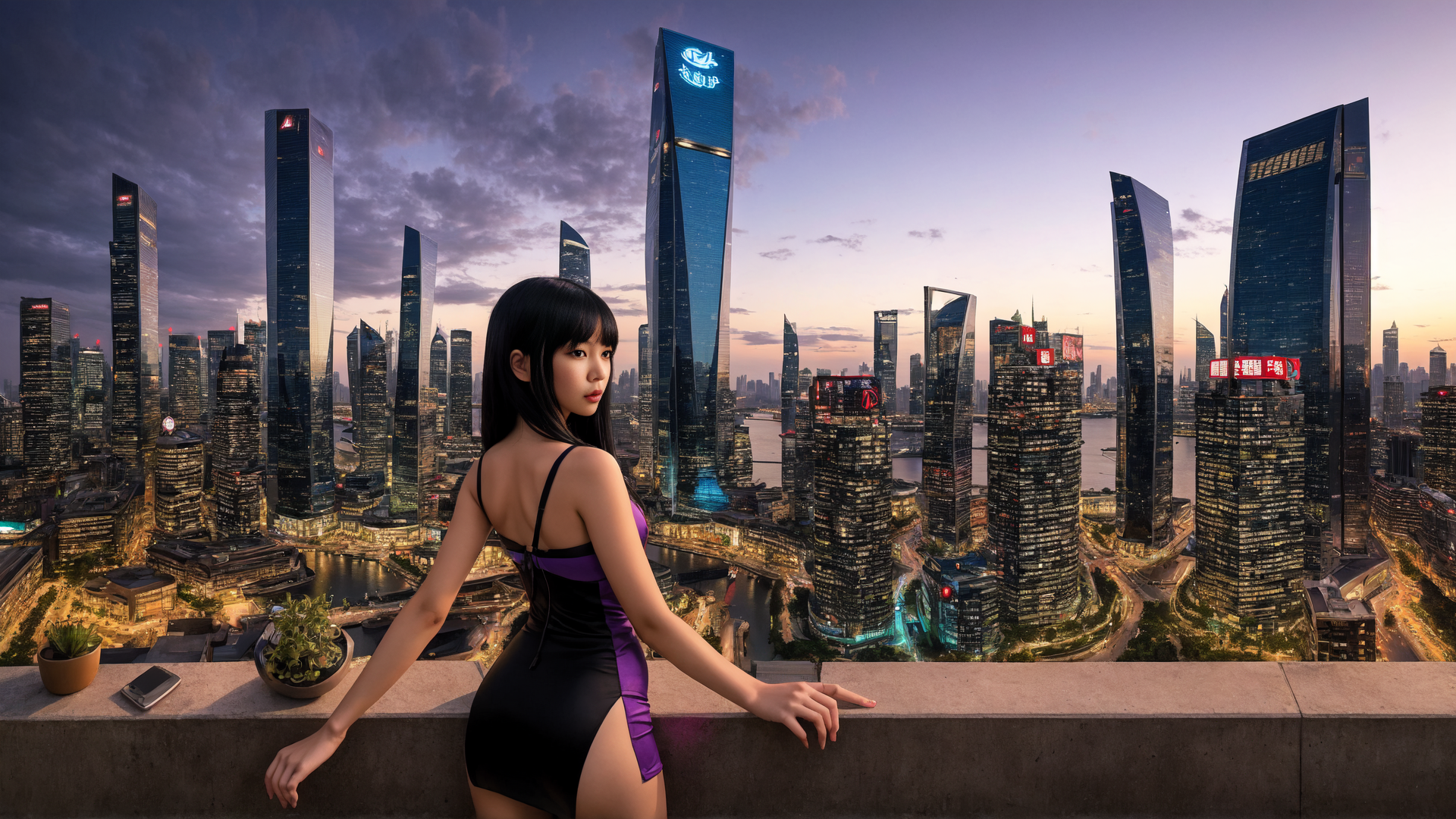 AI generated wallpaper featuring woman, cityscape, skyscrapers