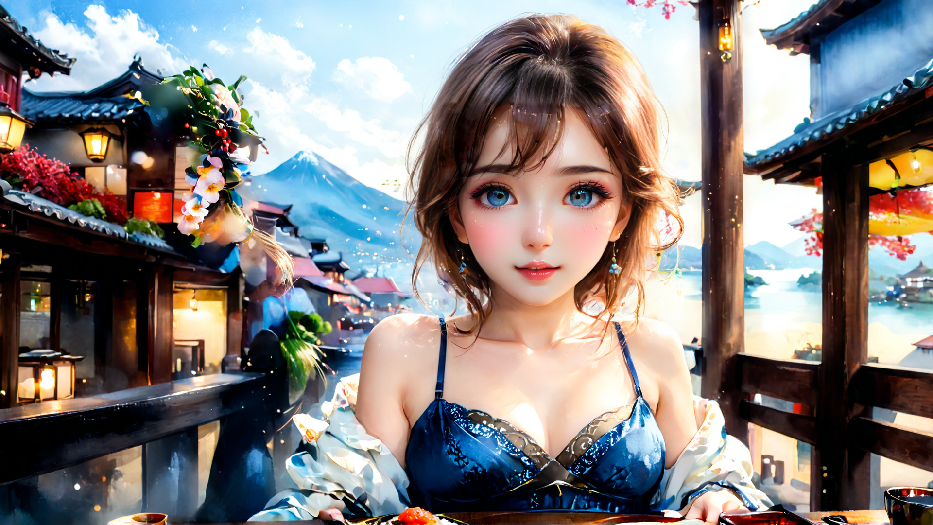 AI generated wallpaper featuring woman, traditional, landscape
