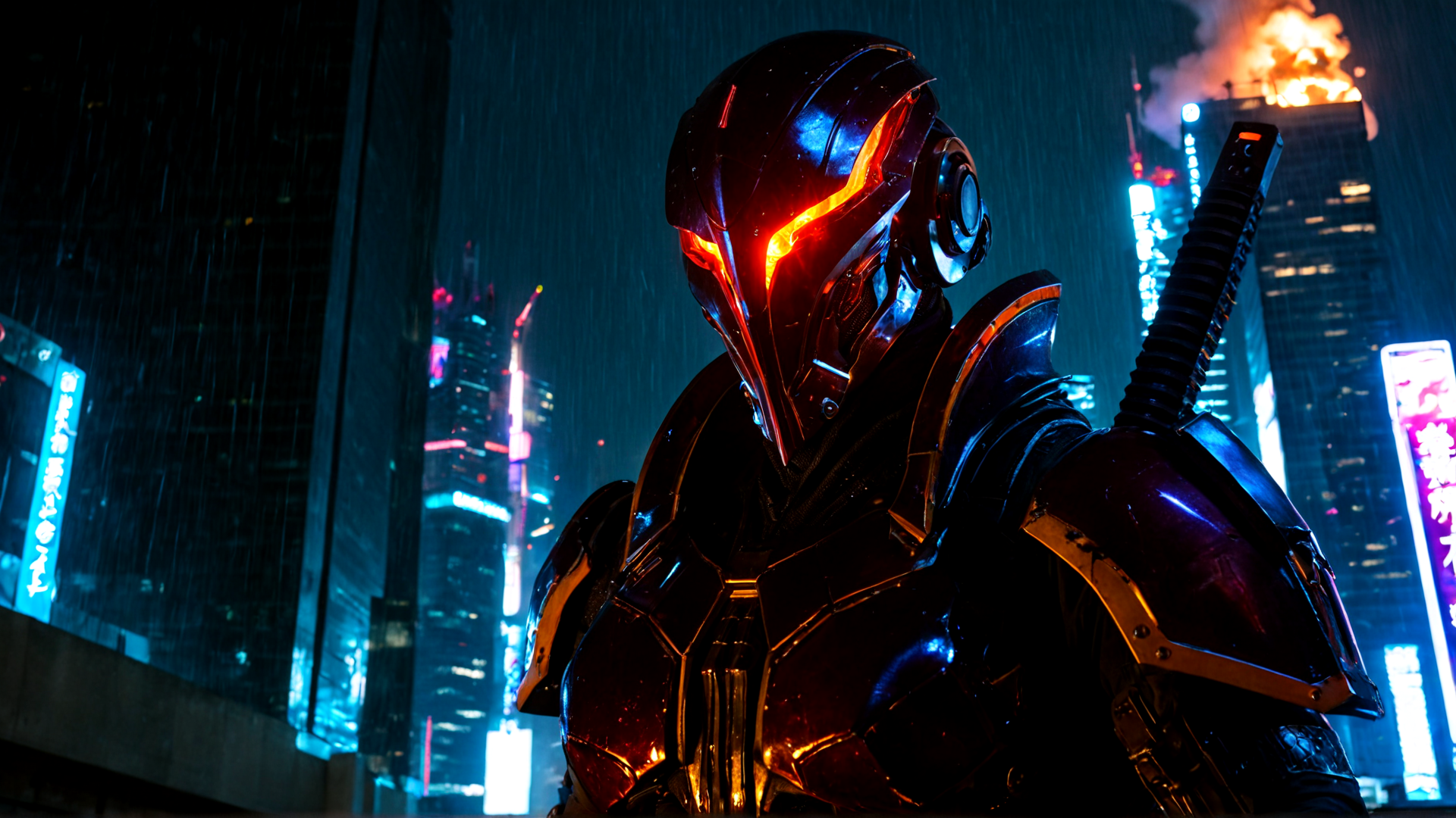 AI generated wallpaper featuring robot, armor, swordsman, cityscape, rain