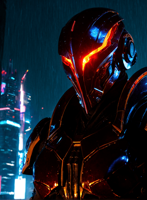 robot, armor, swordsman, cityscape, rain
