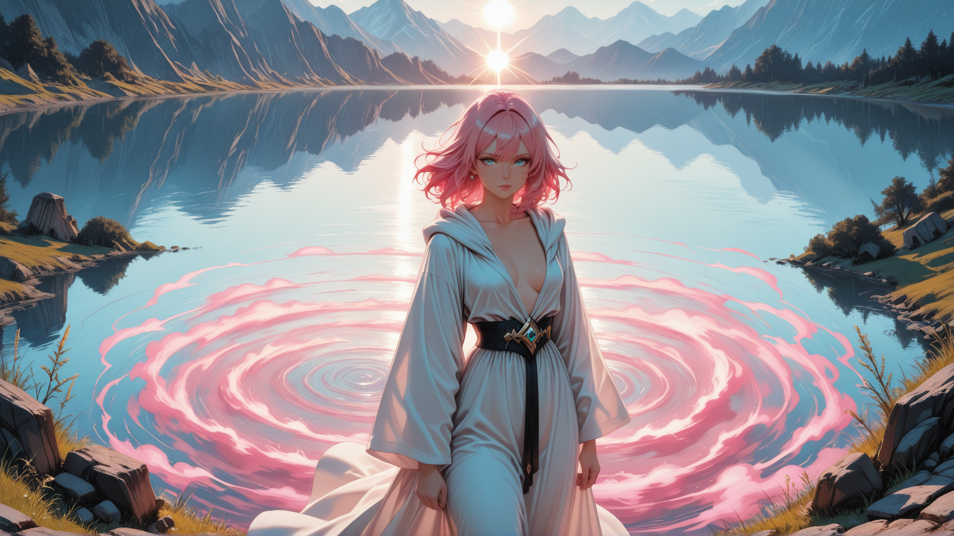 AI generated wallpaper featuring woman, lake, mountains, sun, swirl