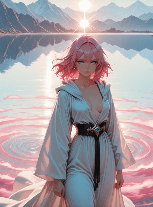 woman, lake, mountains, sun, swirl