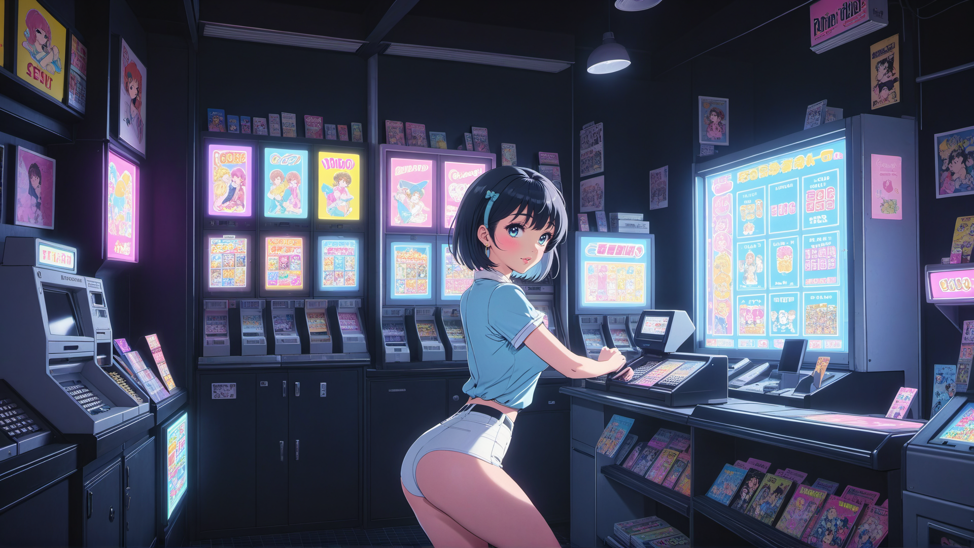 AI generated wallpaper featuring girl, arcade, gacha