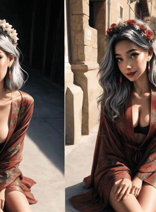 woman, flower crown, robed dress, silver hair, street