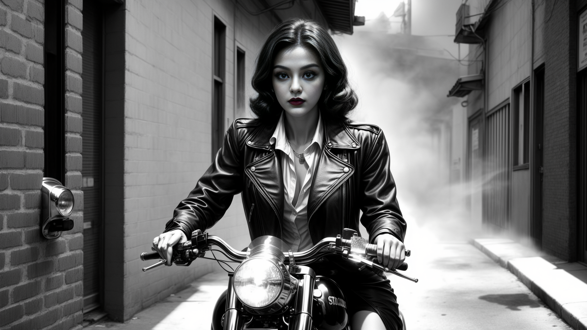 AI generated wallpaper featuring woman, motorcycle, alley