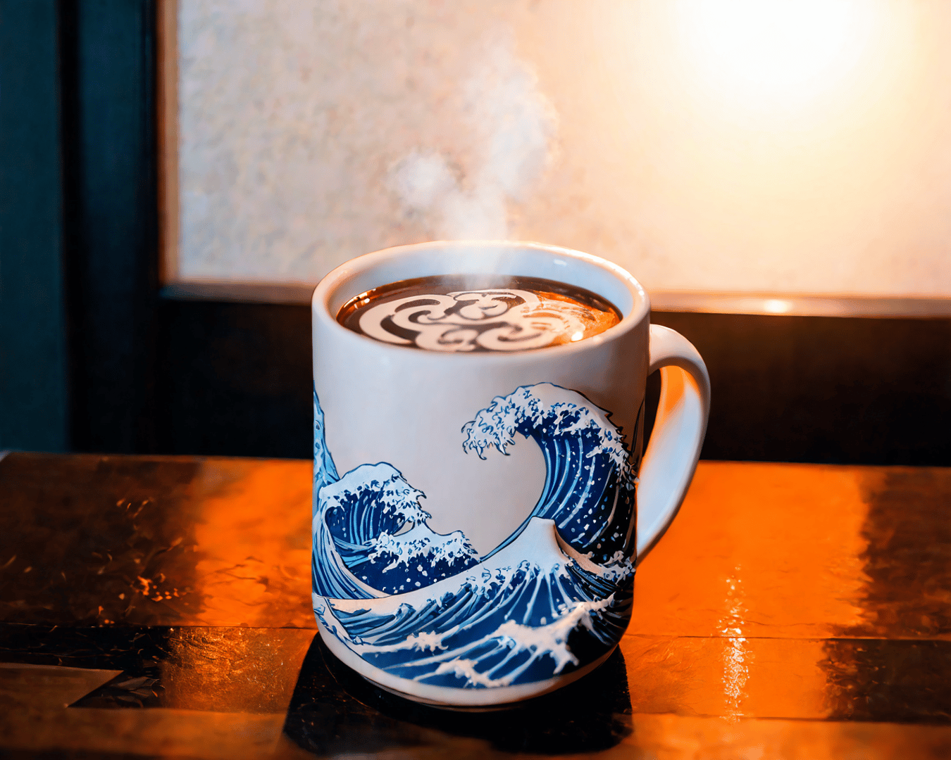 AI generated wallpaper featuring cup, wave, coffee